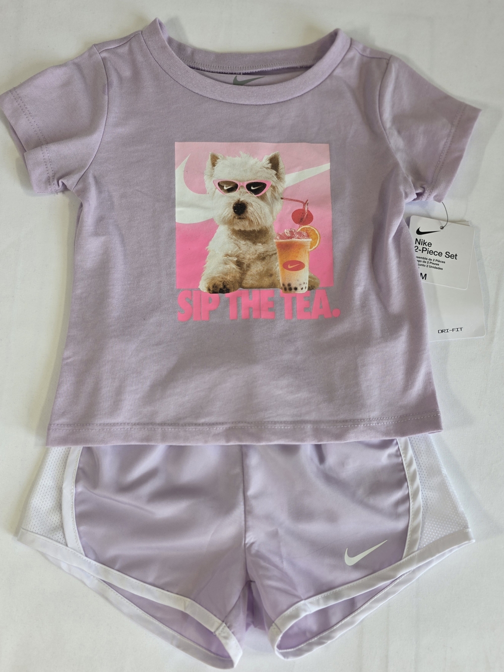 Nike Toddler Girls 2PC “Sip The Tea” Dog Tee & Shorts Set 24M NWT